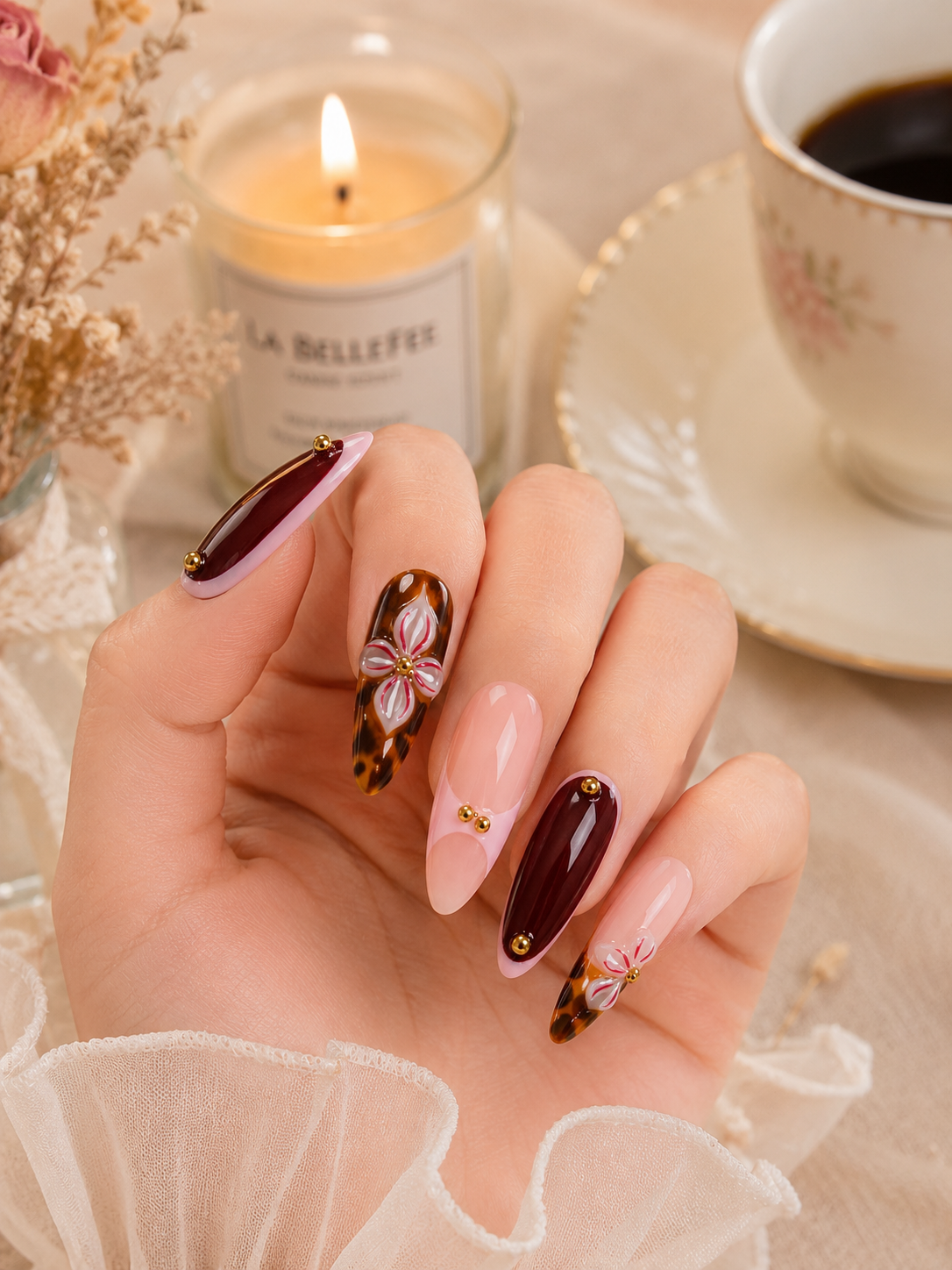 Vintage Amber Floral Press-On Nails